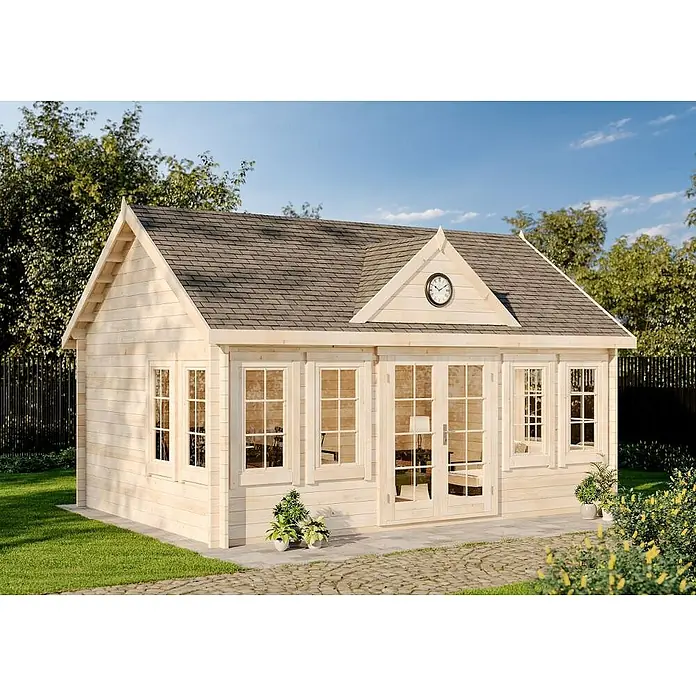Alpholz Gartenhaus CLOCKHOUSE® XL - Außenmaß inkl. Dachüberstand (B x T): 570 x 410 cm, Holz, Pinie - Abgebildet ist ein helles Gartenhaus mit Fenstern und Doppeltür, das eine gemütliche Atmosphäre für Entspannung im Freien bietet.