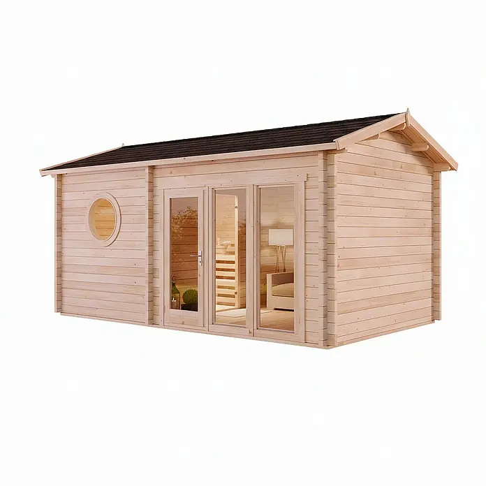 FinnTherm Saunahaus Genf 70 70mm Wandstärke -  - Bild eines hellen Holzhauses mit dunklem Dach, runder Fensteröffnung und gläserner Doppeltür.