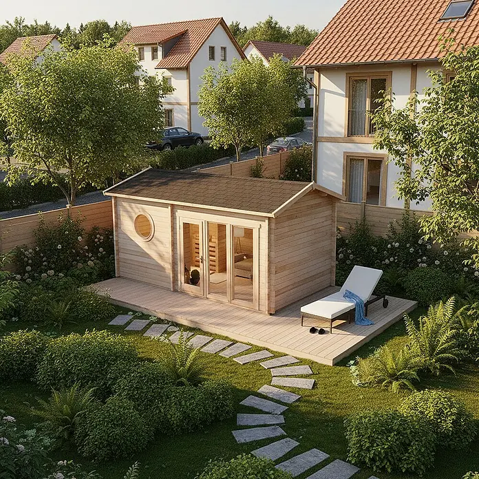 FinnTherm Saunahaus Genf 70 70mm Wandstärke -  - Bild eines Holzgartenhauses mit Terrasse, Liegestuhl und Gartenweg in einer grünen Umgebung.