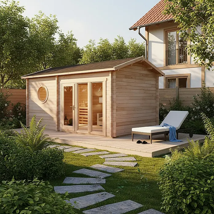 FinnTherm Saunahaus Genf 70 70mm Wandstärke -  - Einladende Gartensauna mit Liege auf Holzdeck und Steinweg. Die Sauna bietet Entspannung im eigenen Garten, mit Blick ins Grüne.