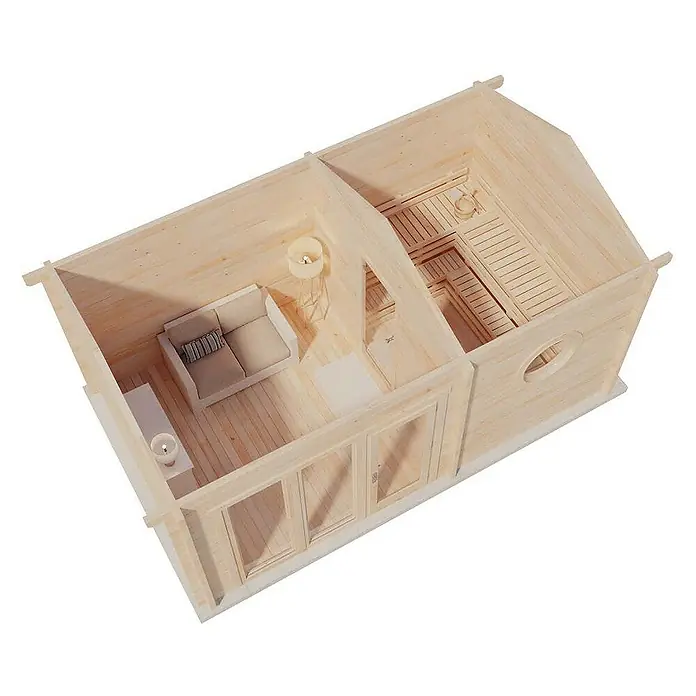 FinnTherm Saunahaus Genf 70 70mm Wandstärke -  - Innenansicht einer Holzsauna mit Sitzbereich und Saunabereich, die die Konstruktionsdetails und das Design hervorhebt.