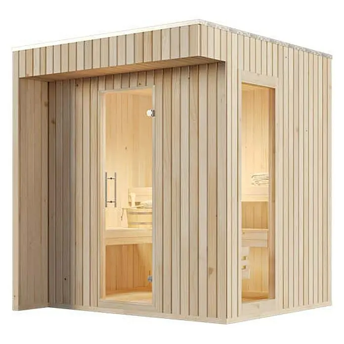 FinnTherm Saunahaus Siena Small 72mm Wandstärke -  - Eine elegante Sauna mit Holzwänden und Glastür, die Entspannung und Wellness in Ihr Zuhause bringt. Ideal zum Entspannen.