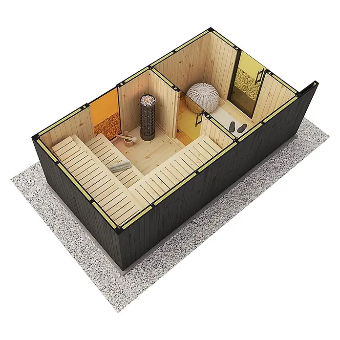FinnTherm Saunahaus Siena - L x B x H: 397 x 203 x 236 cm - Perspektivische Darstellung einer modernen Sauna mit Bänken, Ofen und Glasdusche für ein entspannendes Wellness-Erlebnis.