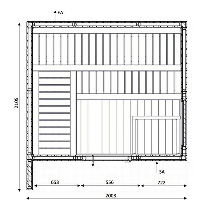 FinnTherm Saunahaus Siena Small 72mm Wandstärke -  - Draufsicht eines Sauna-Grundrisses mit Maßangaben für Breite (2003mm) und Höhe (2105mm), sowie Innenmaße.