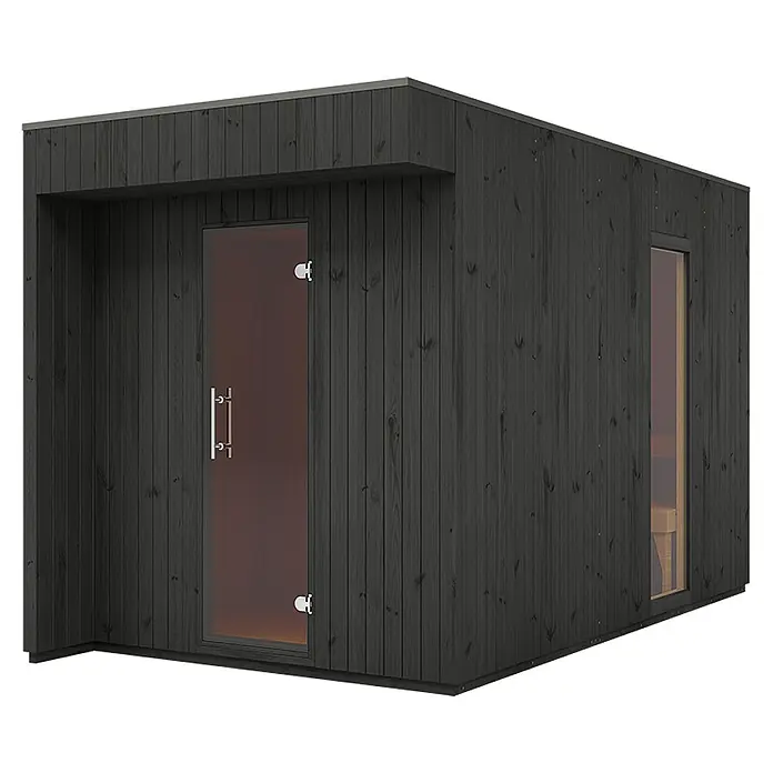 FinnTherm Saunahaus Siena - L x B x H: 397 x 203 x 236 cm - Das Bild zeigt eine moderne, schwarze Außensauna mit einer Glastür und einem kleinen Fenster. Die Sauna ist aus dunklem Holz gefertigt.