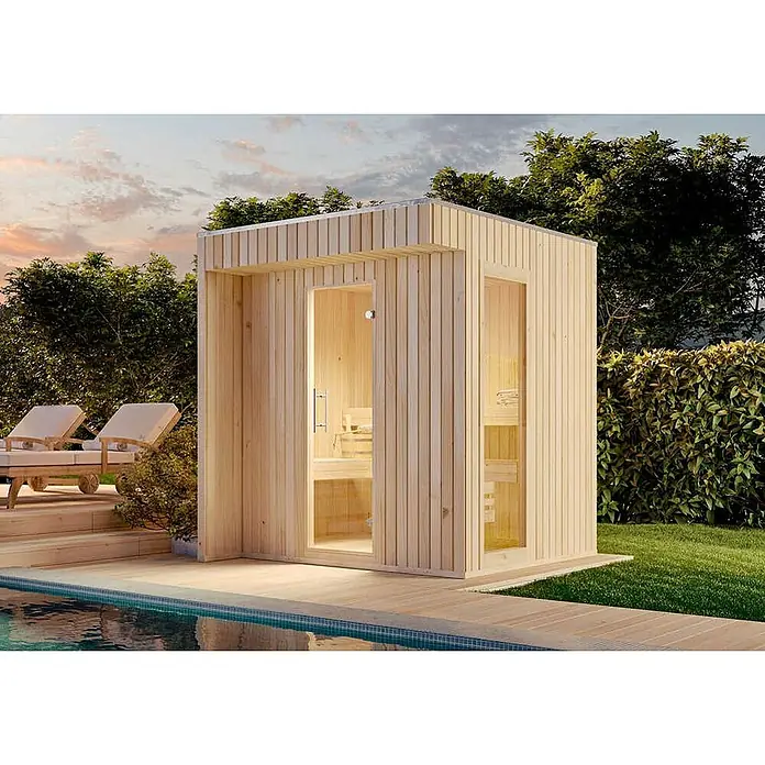 FinnTherm Saunahaus Siena Small 72mm Wandstärke -  - Sauna mit Glastür aus hellem Holz neben dem Pool. Entspannung pur in der stilvollen Gartensauna für erholsame Stunden.