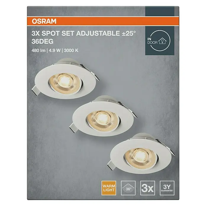 Osram LED-Einbauleuchten-Set rund - 4,9 W, Ø x H: 9 cm x 3,5 mm, Weiß, 3 Stk., Warmweiß - Abbildung des OSRAM 3er-Spot-Sets, verstellbar ±25°, 36 Grad, mit 480 lm, 4,9 W und 3000 K, geeignet für den Innenbereich.