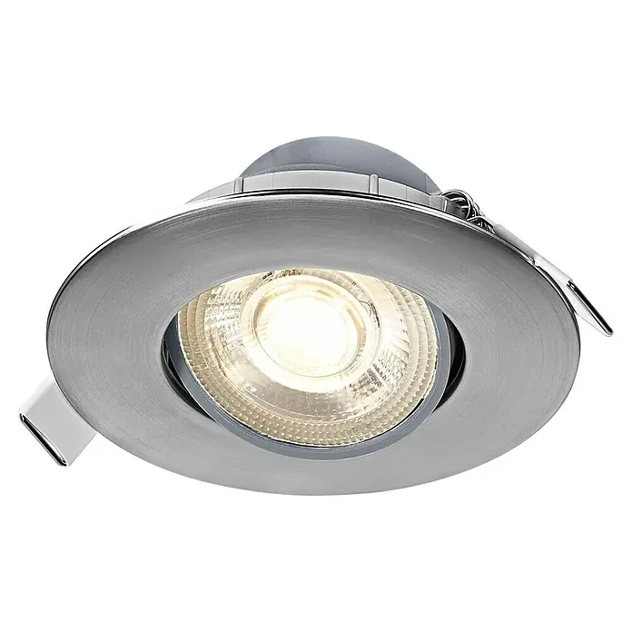 Osram LED-Einbauleuchten-Set rund - 4,9 W, Ø x H: 9 cm x 3,5 mm, Satin Nickel, 3 Stk., Warmweiß - Nahaufnahme einer runden, silbernen Einbauleuchte mit warmweißem Licht, ideal für moderne Innenräume.