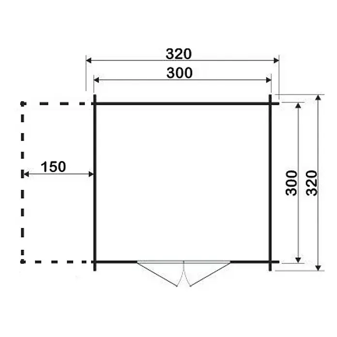 Alpholz Gartenhaus Aktiva - Außenmaß inkl. Dachüberstand (B x T): 490 x 360 cm, Holz, Pinie - Draufsicht des Gartenhauses mit Maßangaben: 320 x 320 cm Außenmaß und 300 x 300 cm Innenmaß.