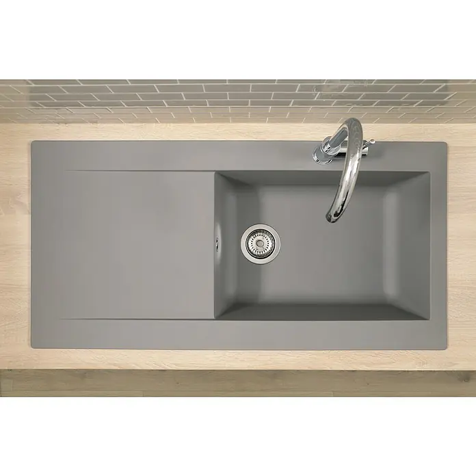 Respekta Einbauspüle Denver - 100 x 50 cm, Betongrau, Anzahl Becken: 1 Stk. - Graue Küchenspüle mit Abtropffläche und modernem Chromhahn, eingebaut in eine helle Arbeitsplatte. Elegantes Design für die moderne Küche.