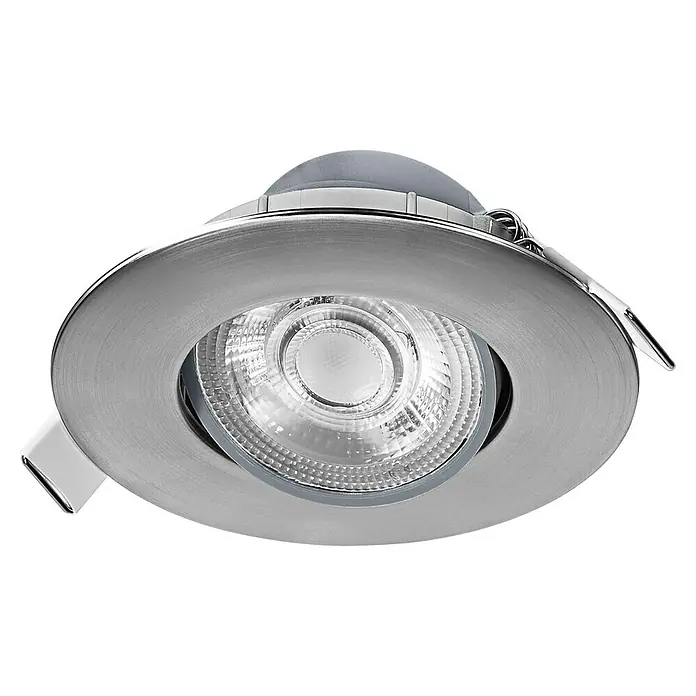Osram LED-Einbauleuchten-Set rund - 4,9 W, Ø x H: 9 cm x 3,5 mm, Satin Nickel, 3 Stk., Warmweiß - Nahaufnahme eines versenkten LED-Spots mit gebürsteter Metalloberfläche, ideal für moderne Innenräume und energieeffiziente Beleuchtung.