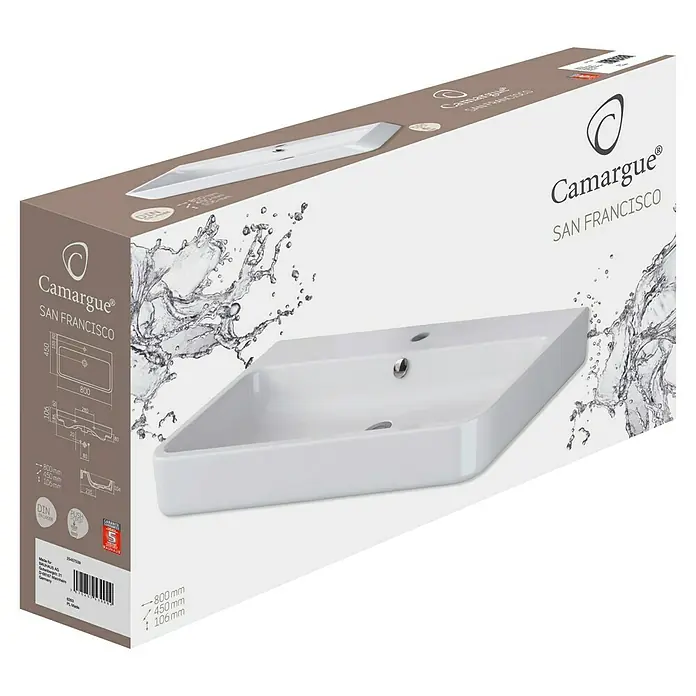 Camargue San Francisco Waschtisch - 70 x 45,5 cm, Ohne Spezialglasur, Hahnloch: Mitte, Mit Überlauf, Weiß - Verpackung des Camargue San Francisco Waschbeckens. Stilvolles Design und hochwertige Verarbeitung für Ihr Badezimmer.