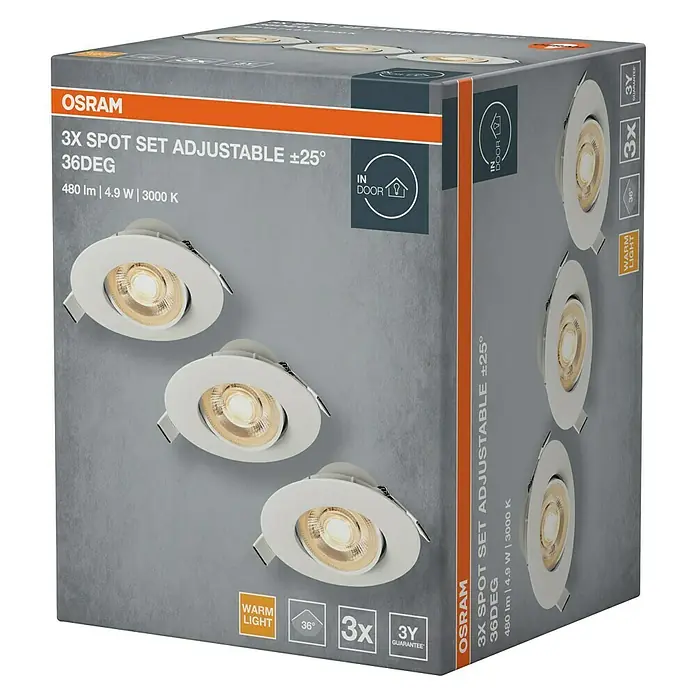 Osram LED-Einbauleuchten-Set rund - 4,9 W, Ø x H: 9 cm x 3,5 mm, Weiß, 3 Stk., Warmweiß - Nahaufnahme einer Osram 3er-Packung verstellbarer LED-Spots für den Innenbereich mit warmweißem Licht und 3 Jahren Garantie.