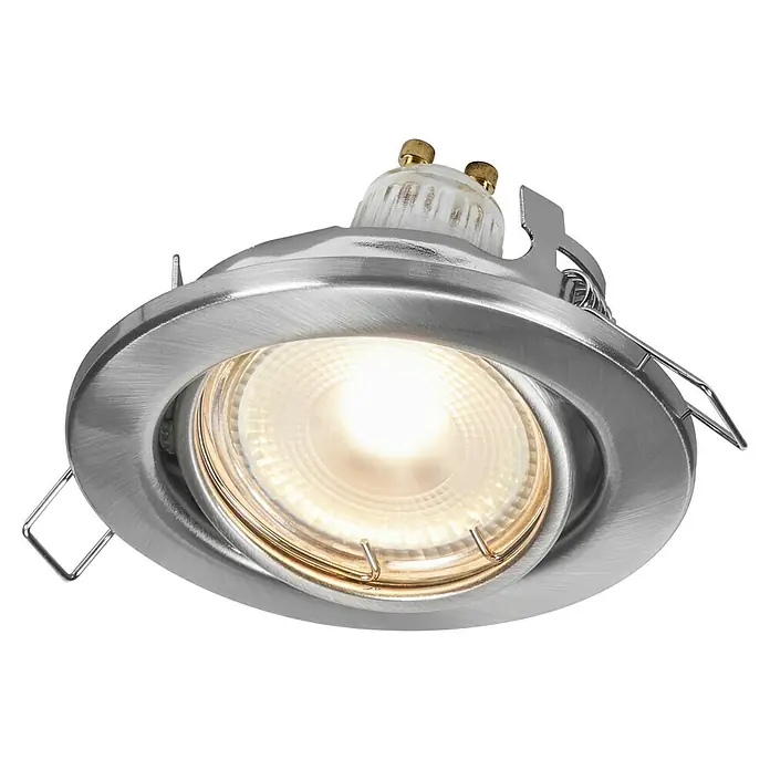 Osram LED-Einbauleuchten-Set rund - 4,5 W, Ø x H: 9 x 3,4 cm, Satin Nickel, 3 Stk., Warmweiß - Nahaufnahme eines hellen Einbaustrahlers mit gebürsteter Metallfassung.
