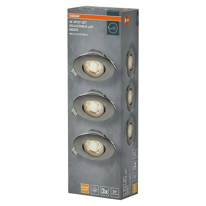 Osram LED-Einbauleuchten-Set rund - 4,9 W, Ø x H: 9 cm x 3,5 mm, Satin Nickel, 3 Stk., Warmweiß - Abbildung einer Osram 3x Spot Set-Beleuchtung, einstellbar ±25°, 36DEG, 480 lm | 4,9 W | 3000 K, Warmlicht für Innenräume.