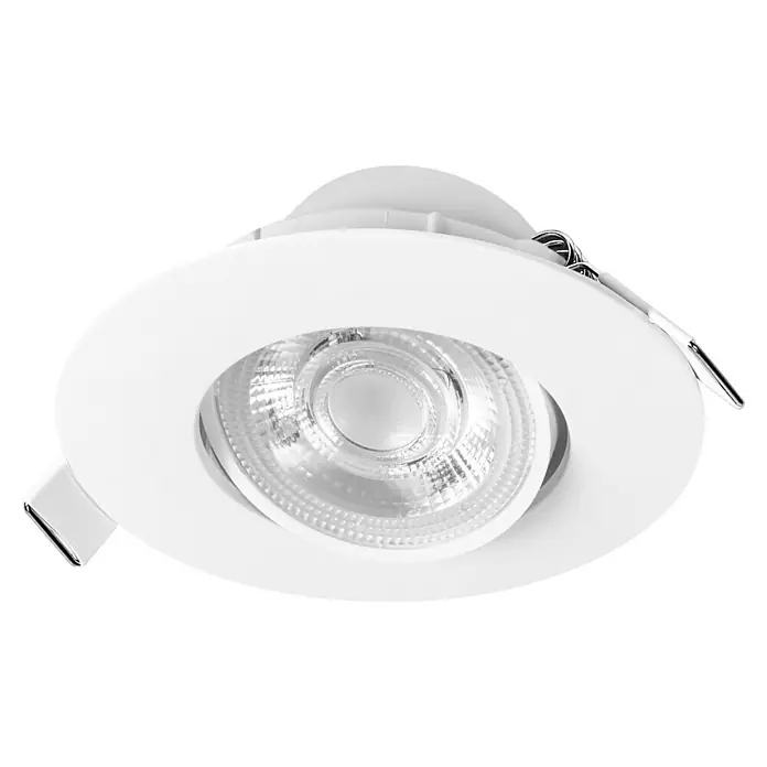 Osram LED-Einbauleuchten-Set rund - 4,9 W, Ø x H: 9 cm x 3,5 mm, Weiß, 3 Stk., Warmweiß - Nahaufnahme einer weißen, versenkten LED-Deckenleuchte mit verstellbarem Lichtkopf, ideal für moderne Innenräume.