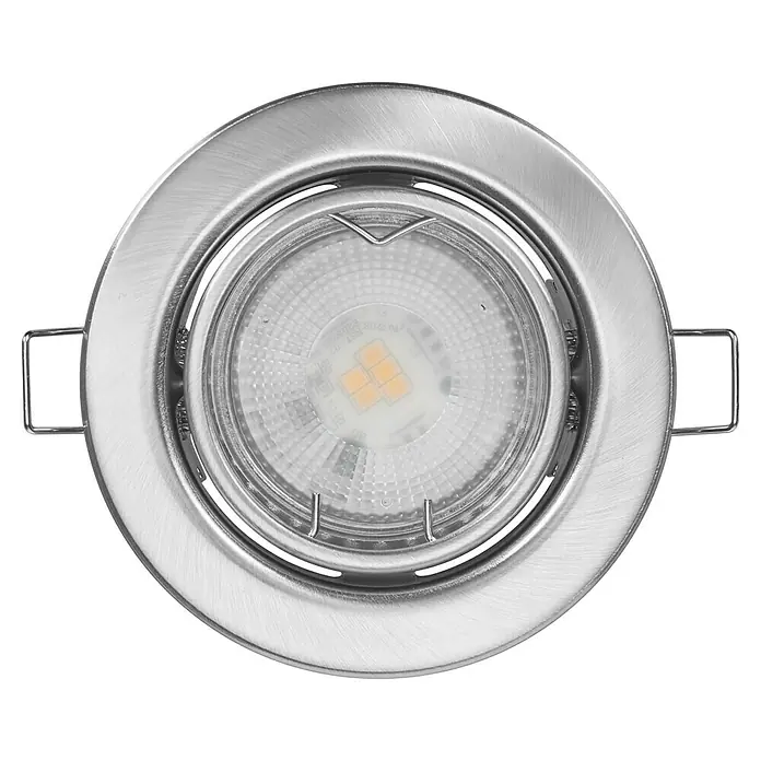 Osram LED-Einbauleuchten-Set rund - 4,5 W, Ø x H: 9 x 3,4 cm, Satin Nickel, 3 Stk., Warmweiß - Nahaufnahme einer runden LED-Einbauleuchte aus gebürstetem Metall, die ein warmes, einladendes Licht ausstrahlt.