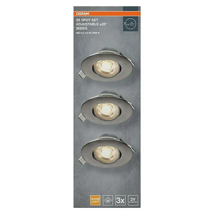 Osram LED-Einbauleuchten-Set rund - 4,9 W, Ø x H: 9 cm x 3,5 mm, Satin Nickel, 3 Stk., Warmweiß - Nahaufnahme eines OSRAM 3er-Spot-Sets mit verstellbaren ±25° 36-Grad-Leuchten, die 480 lm, 4,9 W und 3000 K liefern.