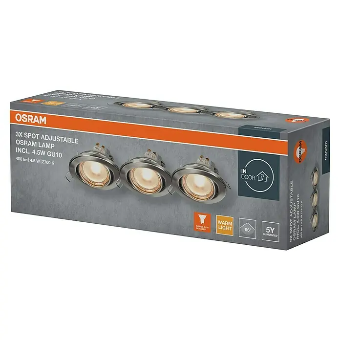 Osram LED-Einbauleuchten-Set rund - 4,5 W, Ø x H: 9 x 3,4 cm, Satin Nickel, 3 Stk., Warmweiß - Produktverpackung für ein 3er-Set verstellbarer OSRAM-Spots mit je 4,5W GU10 Leuchtmitteln für den Innenbereich.