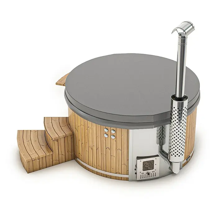 FinnTherm Hot Tub Stockholm "Spa Edition" - 180 cm, Nordische Holz, Naturbelassen - Ein luxuriöser, runder Whirlpool mit Holzverkleidung, Abdeckung und Treppe für entspannende Momente im Freien.