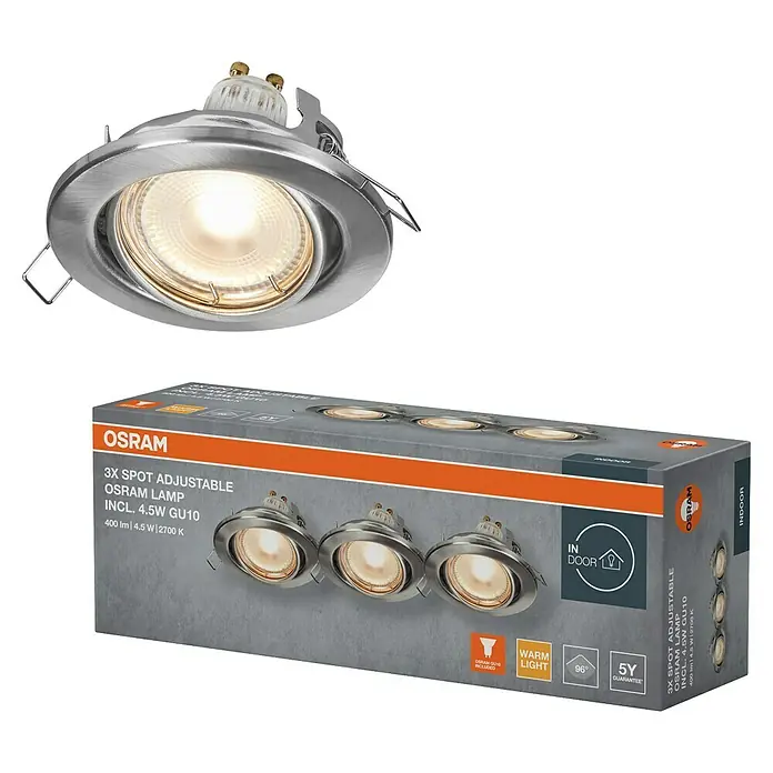 Osram LED-Einbauleuchten-Set rund - 4,5 W, Ø x H: 9 x 3,4 cm, Satin Nickel, 3 Stk., Warmweiß - Abbildung eines 3er-Packs OSRAM LED-Spots mit je 4,5W GU10-Lampen, ideal für die Innenraumbeleuchtung mit warmweißem Licht und 5 Jahren Garantie.