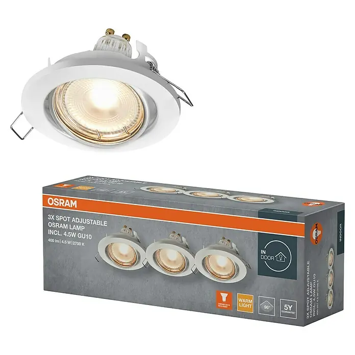 Osram LED-Einbauleuchten-Set rund - 4,5 W, Ø x H: 9 x 3,4 cm, Weiß, 3 Stk., Warmweiß - Osram 3er-Set verstellbare Spot-Lampen mit GU10-Sockel, ideal für Innenräume, warmes Licht für angenehme Atmosphäre, mit 5 Jahren Garantie.