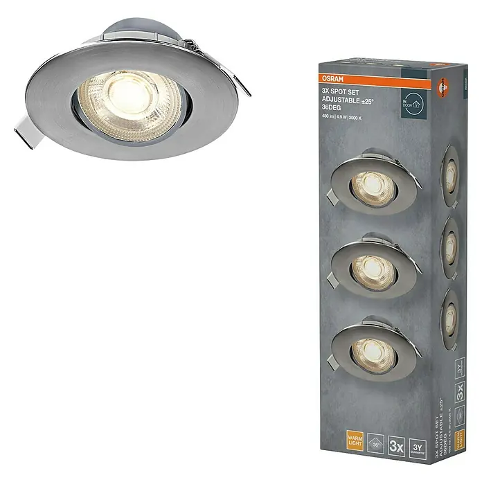 Osram LED-Einbauleuchten-Set rund - 4,9 W, Ø x H: 9 cm x 3,5 mm, Satin Nickel, 3 Stk., Warmweiß - OSRAM 3er Set Einbauspots, verstellbar ±25°, 36 Grad, 480 lm, 4,9 W, 3000 K. Ideal für stimmungsvolle Akzente im Innenraum.