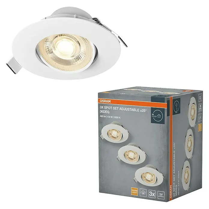 Osram LED-Einbauleuchten-Set rund - 4,9 W, Ø x H: 9 cm x 3,5 mm, Weiß, 3 Stk., Warmweiß - Abbildung eines OSRAM 3X Spot Set Adjustable ±25° 36DEG, eine Innenraumbeleuchtung mit warmweißem Licht und einstellbarem Spot.