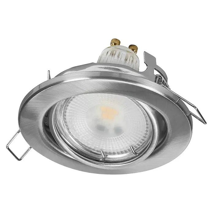 Osram LED-Einbauleuchten-Set rund - 4,5 W, Ø x H: 9 x 3,4 cm, Satin Nickel, 3 Stk., Warmweiß - Nahaufnahme einer LED-Einbauleuchte aus gebürstetem Stahl mit hellen LEDs und Befestigungsfedern, ideal für moderne Innenräume.