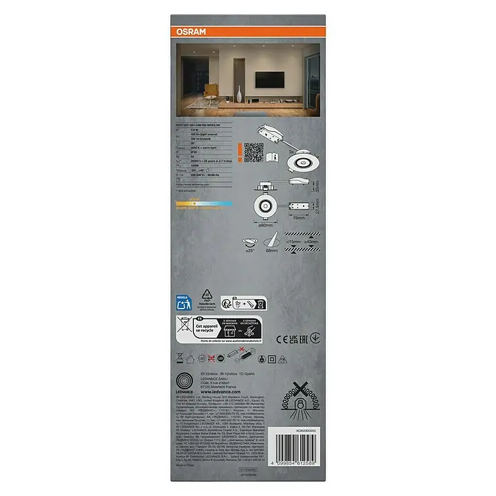 Osram LED-Einbauleuchten-Set rund - 4,9 W, Ø x H: 9 cm x 3,5 mm, Satin Nickel, 3 Stk., Warmweiß - Produktverpackung für ein OSRAM LED-Spot-Set mit technischen Details und Anweisungen zur korrekten Entsorgung.