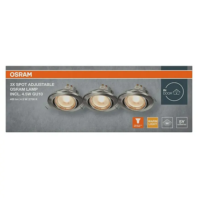 Osram LED-Einbauleuchten-Set rund - 4,5 W, Ø x H: 9 x 3,4 cm, Satin Nickel, 3 Stk., Warmweiß - Bild einer Osram 3er-Packung verstellbarer LED-Spots mit GU10-Sockel, ideal für Innenräume, mit warmweißem Licht und 5 Jahren Garantie.