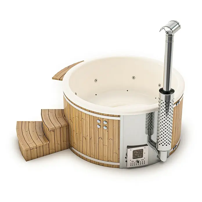 FinnTherm Hot Tub Stockholm "Spa Edition" - 180 cm, Nordische Holz, Naturbelassen - Dieser hochwertige Badezuber bietet Entspannung pur mit seiner Holzverkleidung, Treppe und dem Edelstahl-Ofen für angenehme Wärme.