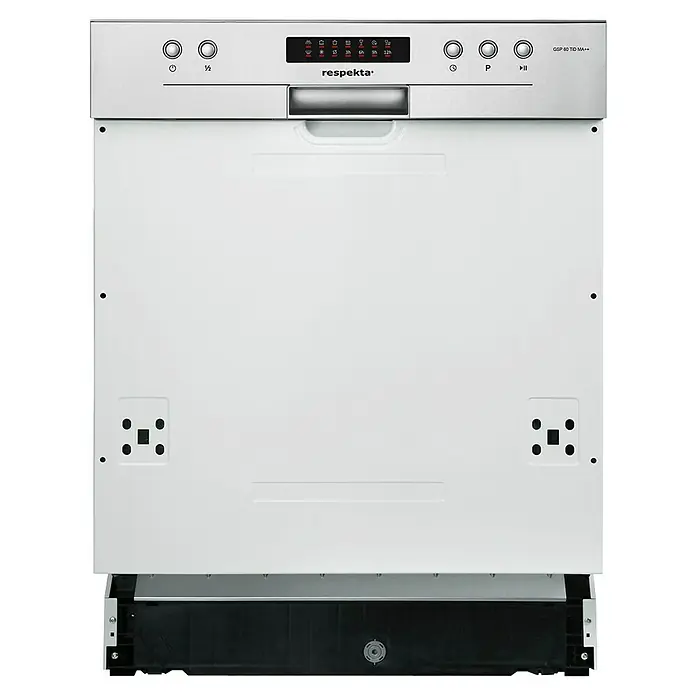 Respekta Singleküche Merle Typ 1 - Breite: 250 cm, Rot, Mit Elektrogeräten, Volumen Backofen: 60 l - Abbildung eines Respekta GSP 60 TQ MA++ Geschirrspülers in Weiß mit Bedienfeld und Griff.