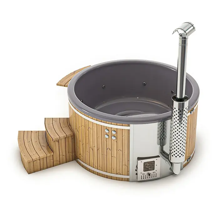 FinnTherm Hot Tub Stockholm "Spa Edition" - 180 cm, Nordische Holz, Naturbelassen - Einladender Badezuber mit Holzverkleidung und Edelstahlelementen. Perfekt zum Entspannen im eigenen Garten.
