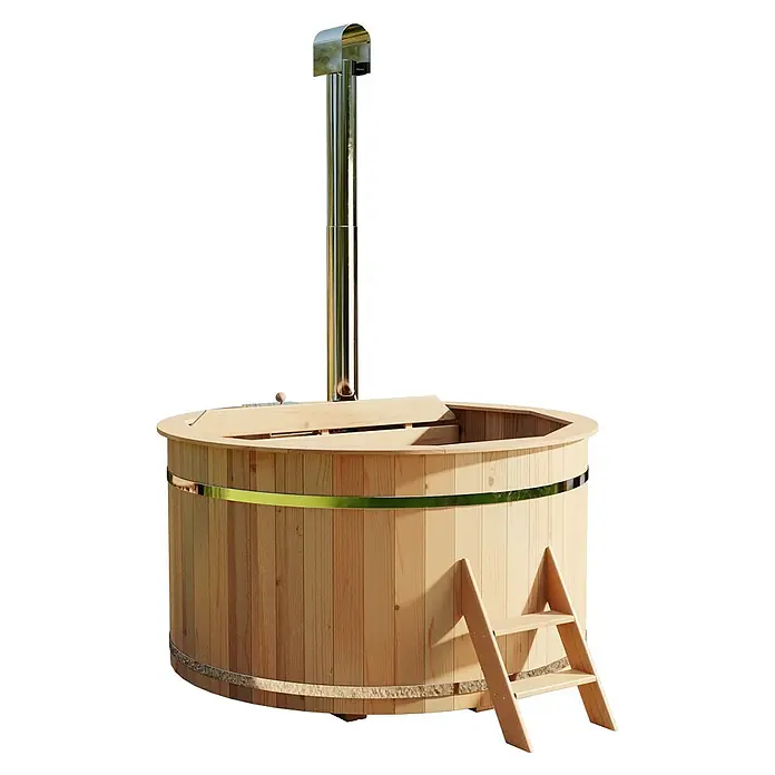 FinnTherm Hot Tub Bergen - 160 cm, Nordische Holz|Holz|Holz|Holz, Naturbelassen - Abbildung eines Holzofens mit Holzverkleidung und Edelstahlkamin. Die perfekte Entspannung mit dem Badefass.