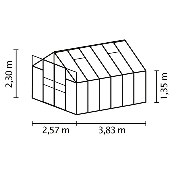 Vitavia Gewächshaus Mars 9900 Plus - Außenmaß inkl. Dachüberstand (B x T): 257 x 383 cm, 4 mm, Aluminium - Abbildung eines Gewächshauses mit Maßangaben, die die Höhe, Länge und Breite des Gewächshauses zeigen.