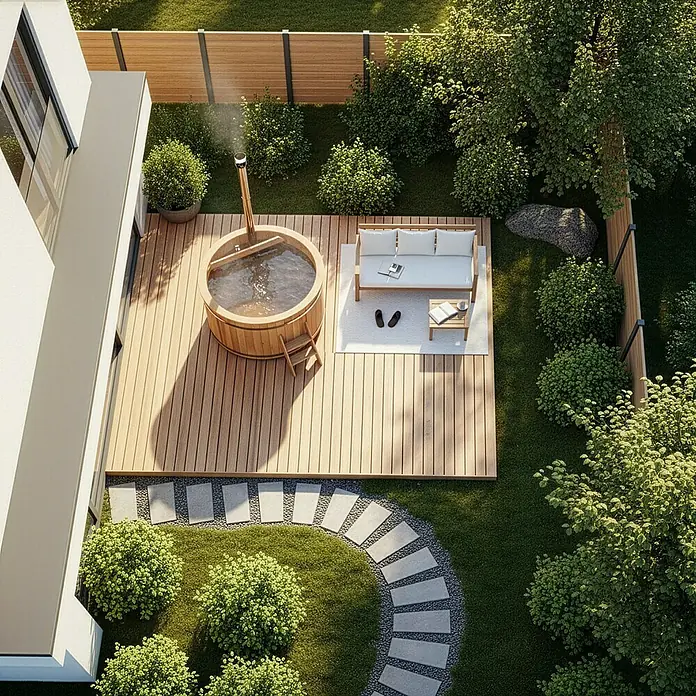 FinnTherm Hot Tub Bergen - 160 cm, Nordische Holz|Holz|Holz|Holz, Naturbelassen - Holzbeheizter Whirlpool auf einer Holzterrasse mit Garten. Der Whirlpool ist aus hellem Holz gefertigt und hat eine Leiter für den einfachen Einstieg.
