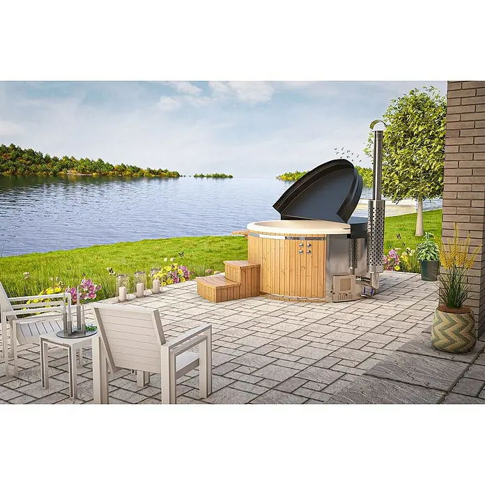 FinnTherm Hot Tub Stockholm "Spa Edition" - 200 cm, Nordische Holz, Naturbelassen - Dieses Bild zeigt einen Holzbefeuerter Badezuber, der eine entspannende Wellness-Oase im Freien verspricht. Ideal für Garten und Terrasse.