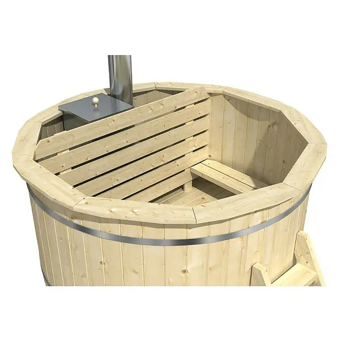FinnTherm Hot Tub Bergen - 200 cm, Nordische Holz, Naturbelassen - Dieses Bild zeigt eine hölzerne Badetonne mit einer Metallabdeckung und einem Schornstein. Die Tonne ist mit einem Metallband verstärkt.
