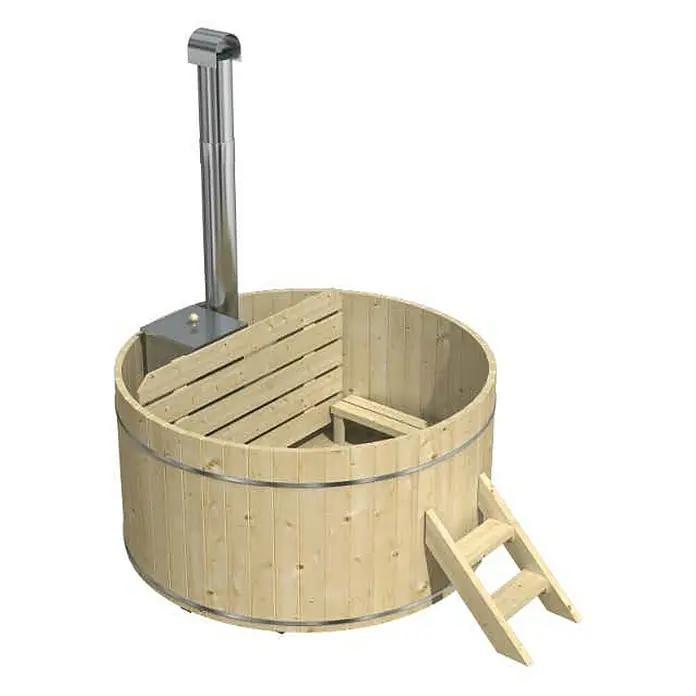 FinnTherm Hot Tub Bergen - 200 cm, Nordische Holz, Naturbelassen - Ein hölzerner Badezuber mit Ofen und Leiter. Ideal für entspannende Stunden im Freien. Rustikales Design für Garten und Terrasse.