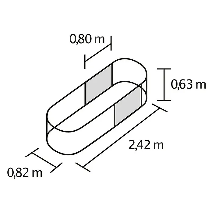 Vitavia Hochbeet-Erweiterung Stretched 630 - 80 x 63 cm, Stahl, Farbe: Aluminium - Isometrische Darstellung eines Produkts mit den Maßen 0,80 m, 0,63 m, 2,42 m und 0,82 m für technische Zeichnungen.