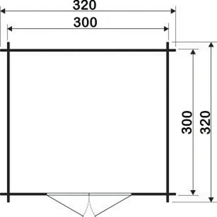 Alpholz Gartenhaus Aktiva - Außenmaß inkl. Dachüberstand (B x T): 360 x 360 cm, Holz, Pinie - Draufsicht eines rechteckigen Gartenhauses mit Größenangaben für die äußeren und inneren Abmessungen, inklusive Türposition.
