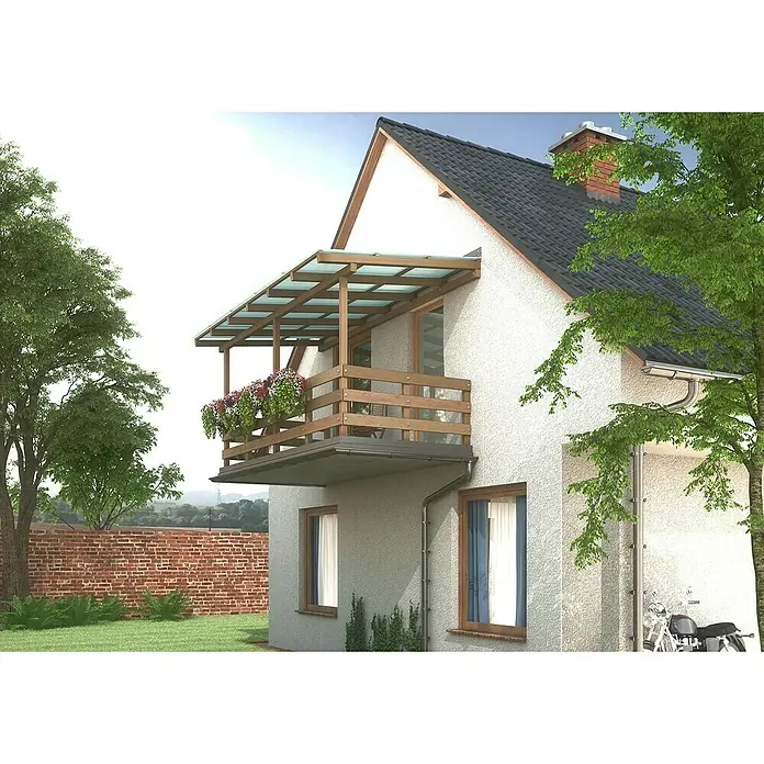 Wellplatte - 2.000 x 900 x 1,2 mm, Transparent, Polycarbonat - Ansicht eines Hauses mit überdachtem Balkon und dekorativen Blumenkästen. Die Architektur ist modern und einladend gestaltet.