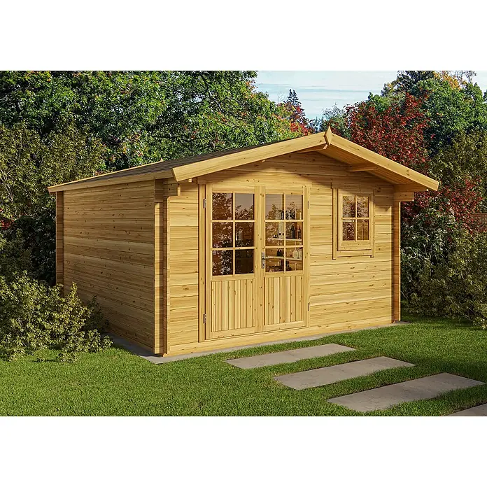 Alpholz Gartenhaus Roger - Außenmaß inkl. Dachüberstand (B x T): 420 x 450 cm, Holz, Pinie - Holzgartenhaus mit Doppeltüren und Fenster im Garten. Das Gartenhaus bietet zusätzlichen Stauraum im Außenbereich.