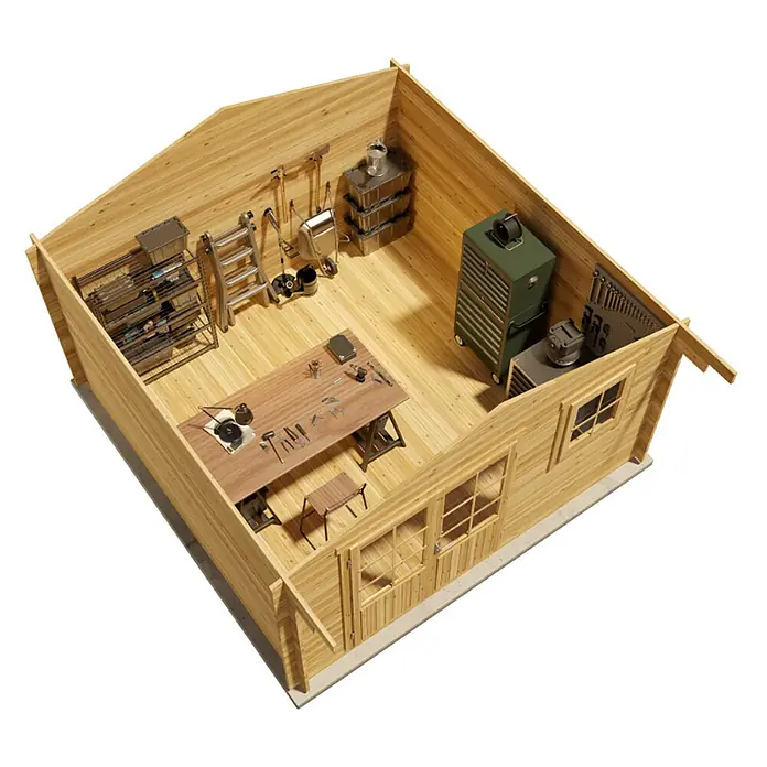 Alpholz Gartenhaus Roger - Außenmaß inkl. Dachüberstand (B x T): 420 x 450 cm, Holz, Pinie - Werkstattgebäude aus Holz mit Werkzeugen, Werkbank und Regalen. Ideal für Bastler und Heimwerker.