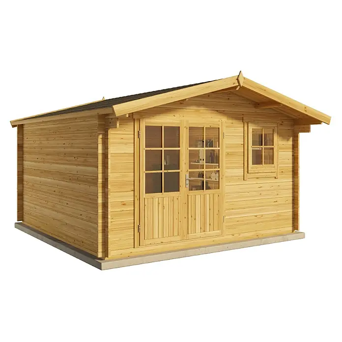 Alpholz Gartenhaus Roger - Außenmaß inkl. Dachüberstand (B x T): 420 x 450 cm, Holz, Pinie - Eine hellbraune Holzgartenlaube mit Doppeltüren und kleinem Fenster unter einem Satteldach.