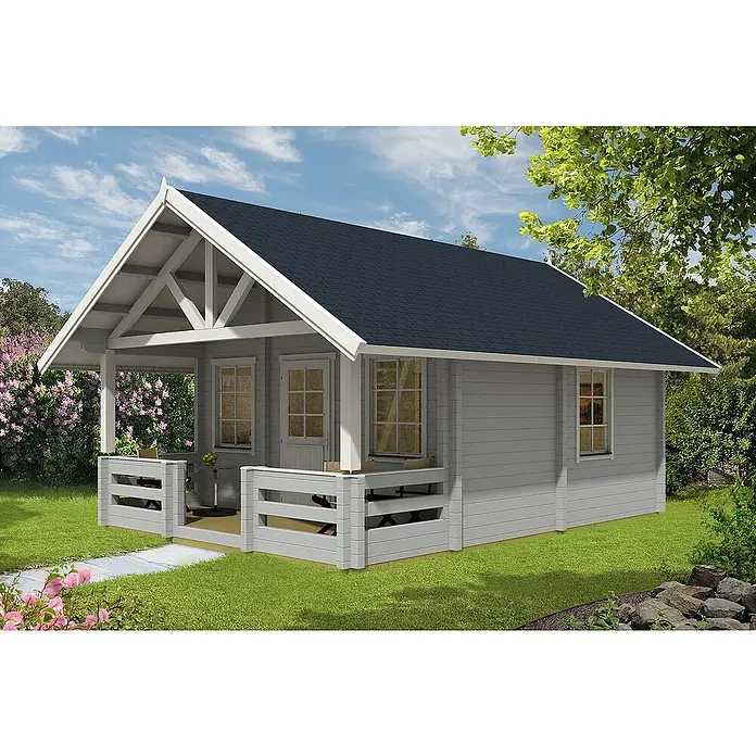 Alpholz Gartenhaus Lillehammer - Außenmaß inkl. Dachüberstand (B x T): 549 x 746 cm, Holz, Pinie - Ein gemütliches graues Gartenhaus mit dunklem Dach und einer Veranda mit weißen Geländern, umgeben von üppigem Grün.