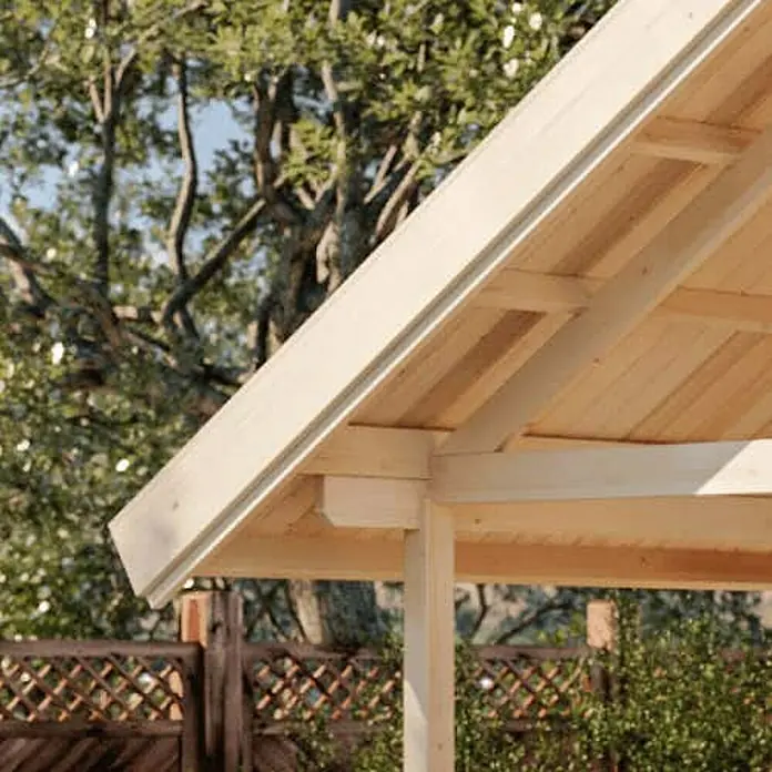 Alpholz Gartenhaus Lillehammer - Außenmaß inkl. Dachüberstand (B x T): 549 x 746 cm, Holz, Pinie - Nahaufnahme des Holzpavillons mit weiß gestrichenem Dach, der eine robuste und wetterfeste Struktur für den Außenbereich bietet.