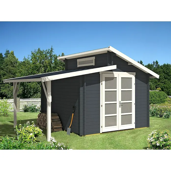 Alpholz Gartenhaus Aktiva - Außenmaß inkl. Dachüberstand (B x T): 490 x 360 cm, Holz, Naturbelassen - Ein modernes Gartenhaus mit einem schützenden Vordach, ideal für Lagerung und Entspannung im Freien, kombiniert Funktionalität mit stilvollem Design.