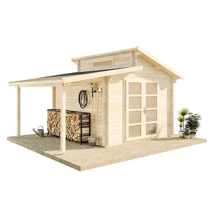 Alpholz Gartenhaus Aktiva - Außenmaß inkl. Dachüberstand (B x T): 490 x 360 cm, Holz, Naturbelassen - Ein helles Holzgartenhaus mit überdachter Veranda, Holzstapel und Pflanzen auf einer Steinplattform. Das Gartenhaus bietet Stauraum und eine gemütliche Ecke.